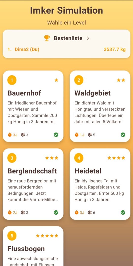ImkerSim-Levelauswahl mit Bestenliste und den Landschaften Bauernhof, Waldgebiet, Berglandschaft, Heidetal und Flussbogen