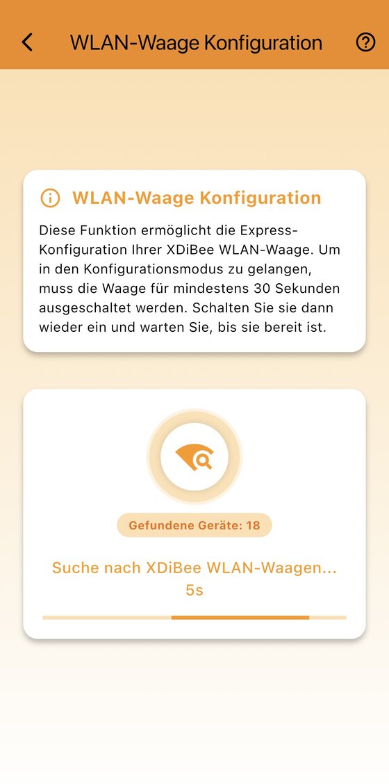 Der Einrichtungsbildschirm der XDiBee-App: Die App sucht nach XDiBee-WLAN-Waagen in der Nähe und zeigt die gefundenen Geräte an.